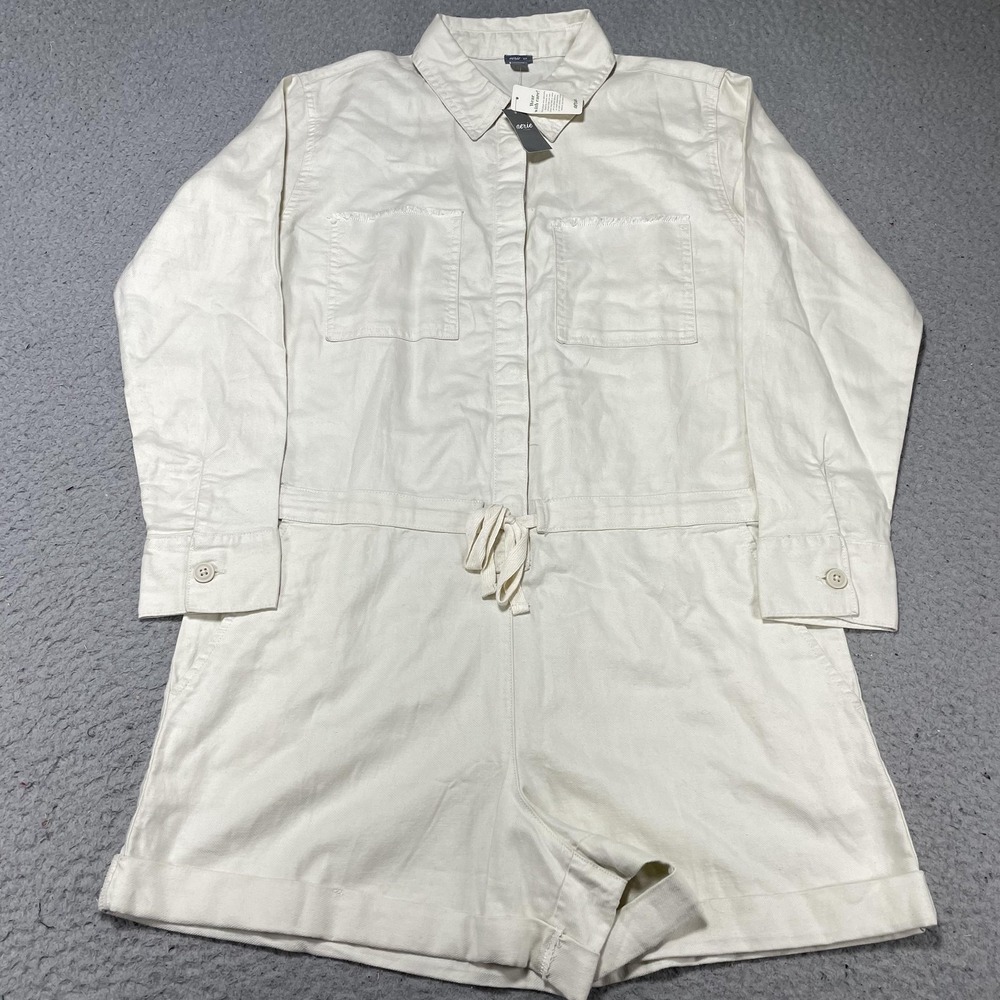 Aerie Romper Womens Small White Twill Long Sleeve Button Front Tie Waist Relaxed